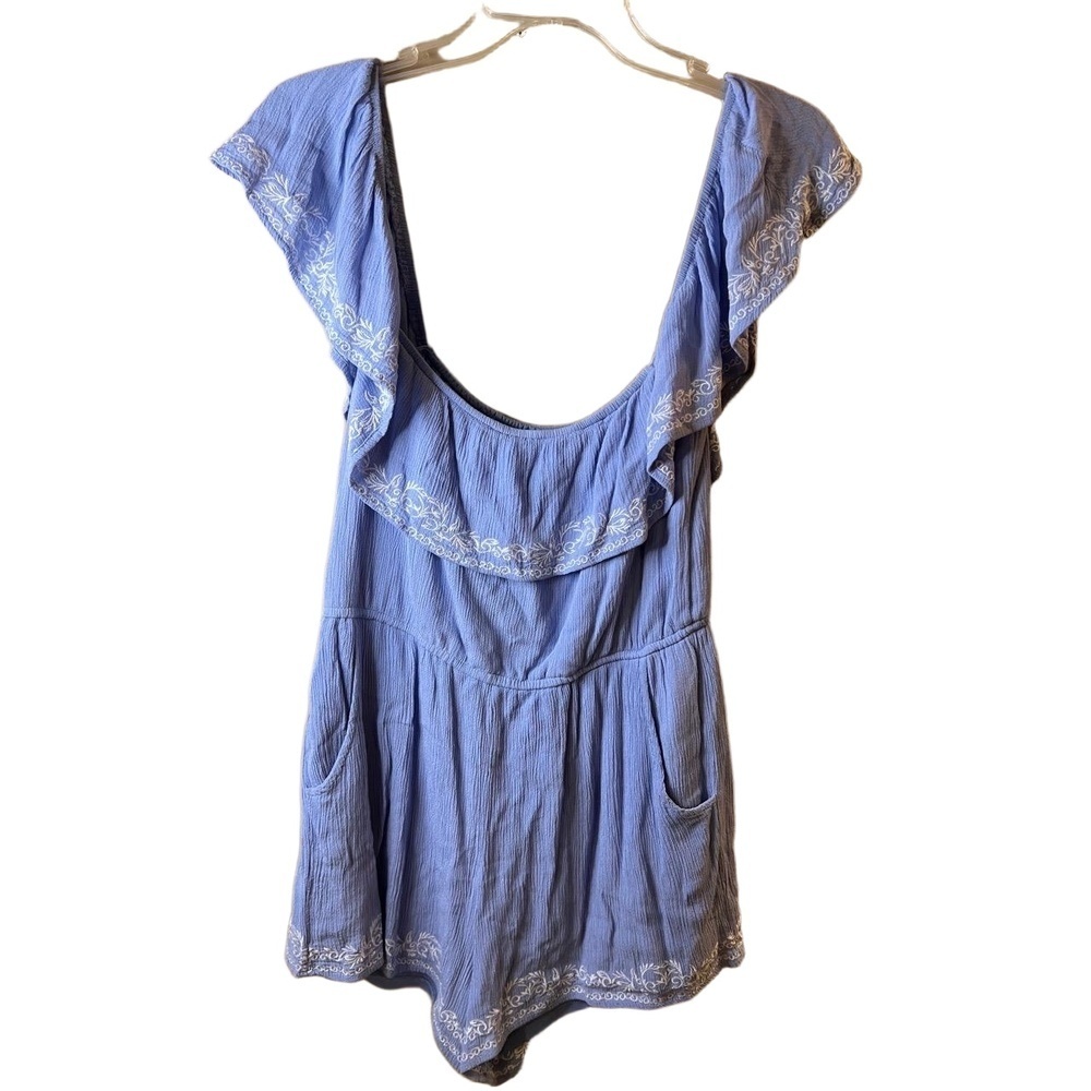 Blue Rain Blue Off The Shoulder Ruffle Embroidered Pockets Romper Size Large
